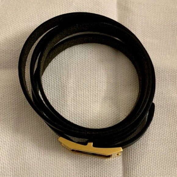 Hermes Hapi Gold Plated Tour Wrap Leather Bracelet - Black - IN GREAT CONDITION! - Picture 5 of 15